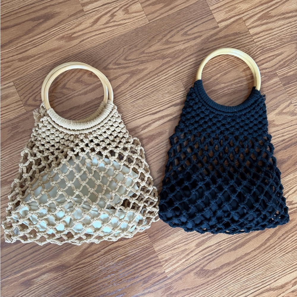 Handwoven Macramé Tote with Wooden Handles - Beige and Black